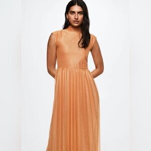 Mango Lurex Gold pleated dress size L shimmery Midi Effortless Elegance fits M-L